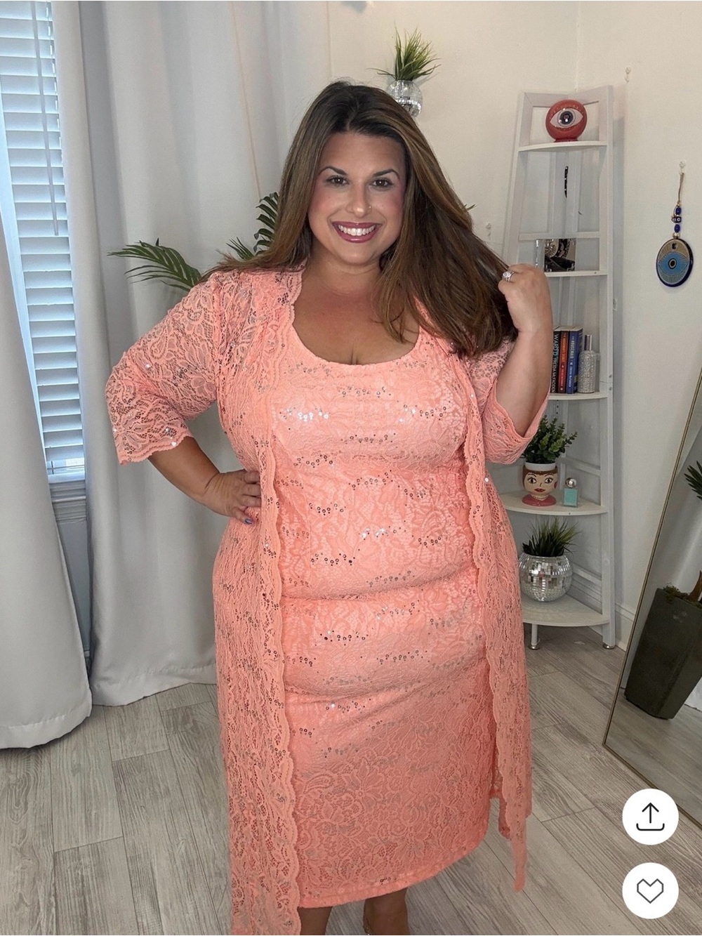 Plus Size Desert Coral Sequin and Lace Midi Dress with Matching Duster